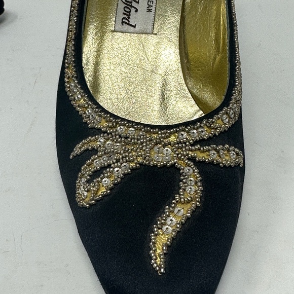 Rene Caovilla Wilkes Bashford Italy  Pump Heels Black Gold Satin Crystal Size 8 - Picture 11 of 14